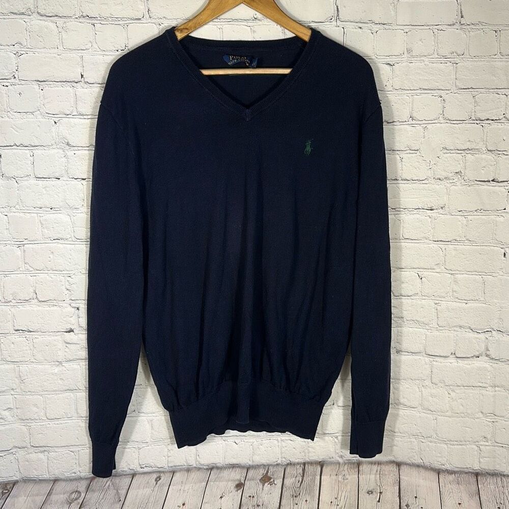 Polo Ralph Lauren Pima Cotton Mens Vneck Sweater size L Large Navy Blue